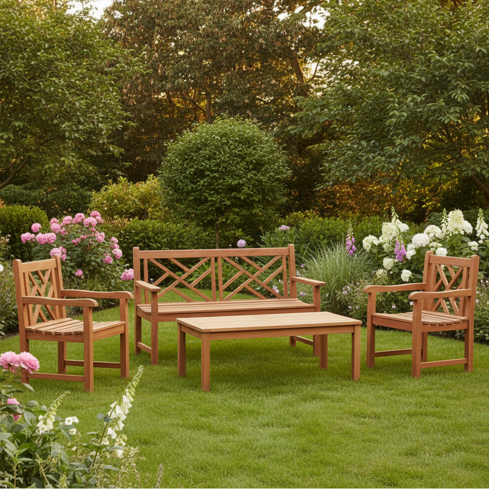 The Mayfair Lounge Set | Teakwood Outdoor Bench & Table Set | 4 Piece