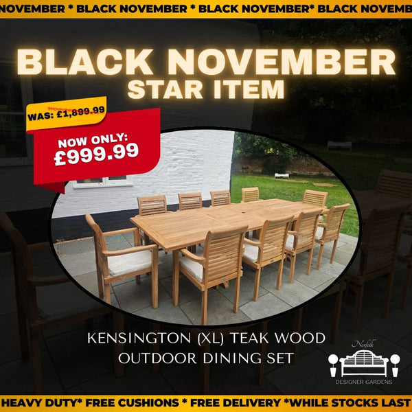 Kensington (XL) Teak Wood Outdoor Dining Set | 10 Seater | With Weatherproof Cushions