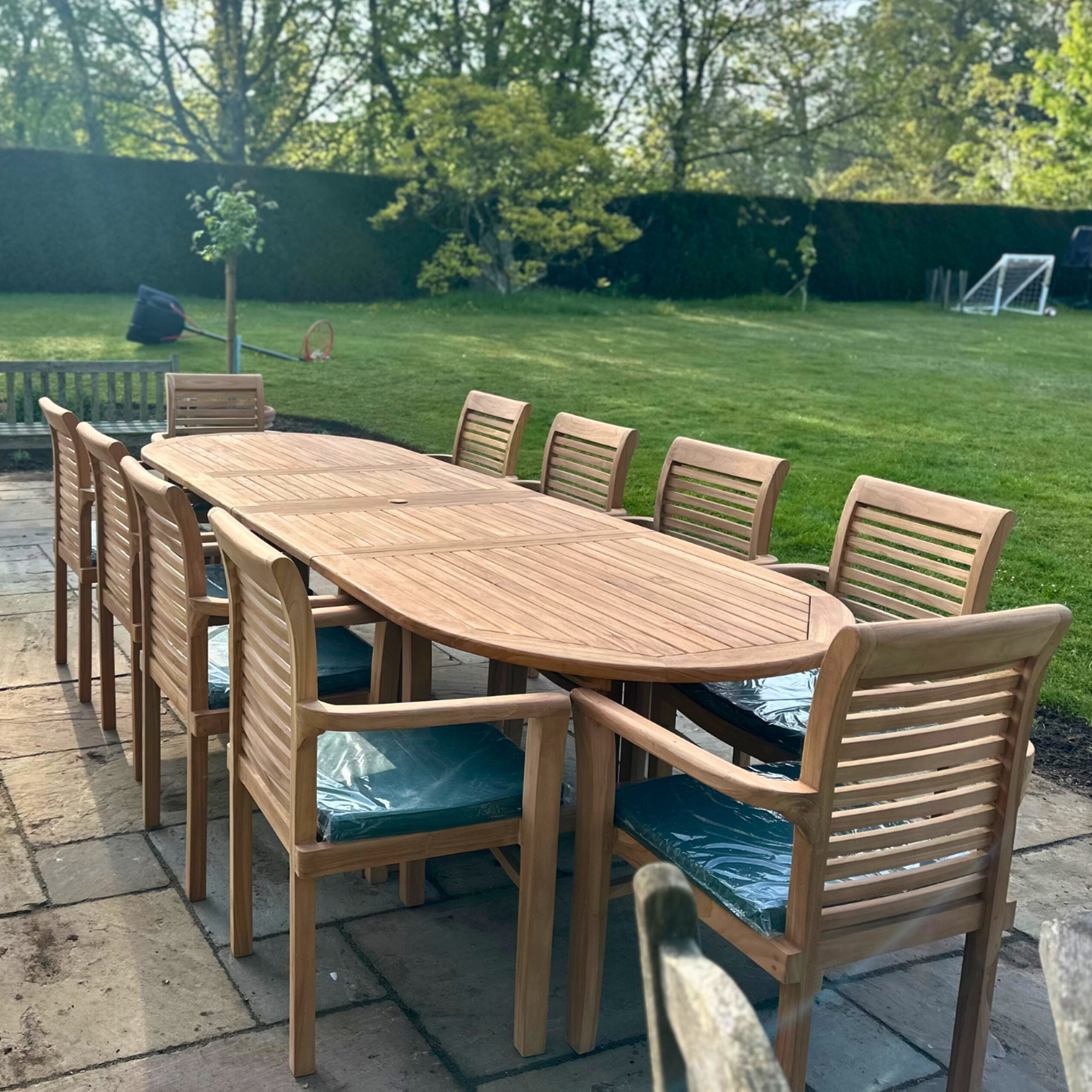 Heritage (XL) Teak Wood Outdoor Dining Set | 10 Seater | With Weatherproof Cushions