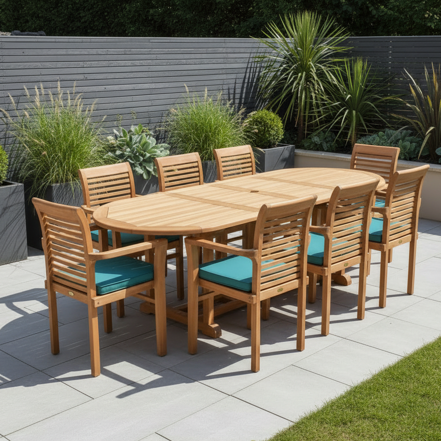 Heritage Teak Wood Outdoor Dining Set | 8 Seater | With Weatherproof Cushions