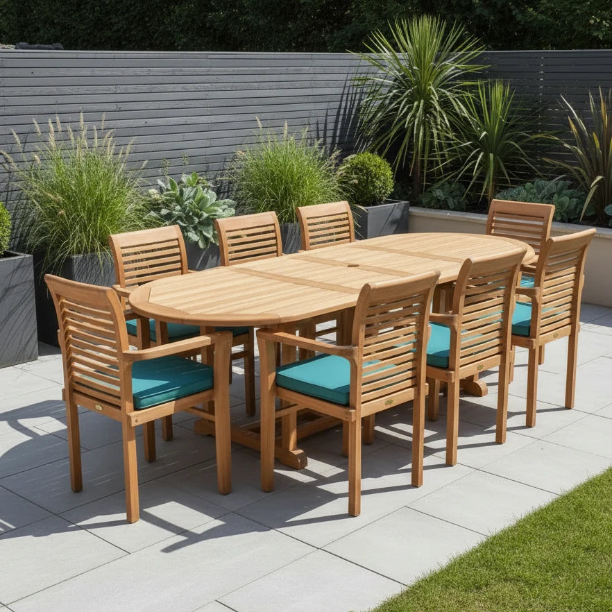 Heritage Teak Wood Outdoor Dining Set Bundle | 8 Seater | With Free 3m Parasol & Weatherproof Cushions