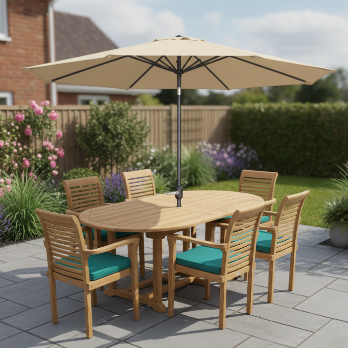 Heritage Teak Wood Outdoor Dining Set Bundle | 6 Seater | With Free 3m Parasol & Weatherproof Cushions