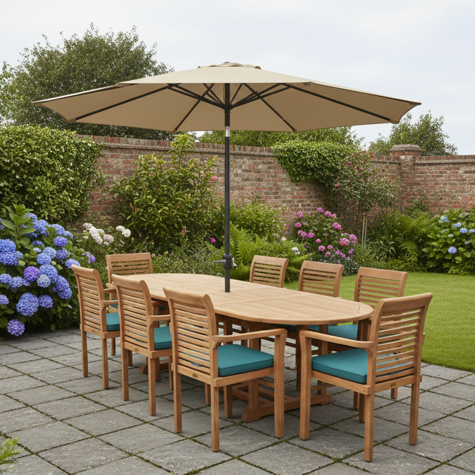 Heritage Teak Wood Outdoor Dining Set Bundle | 8 Seater | With Free 3m Parasol & Weatherproof Cushions
