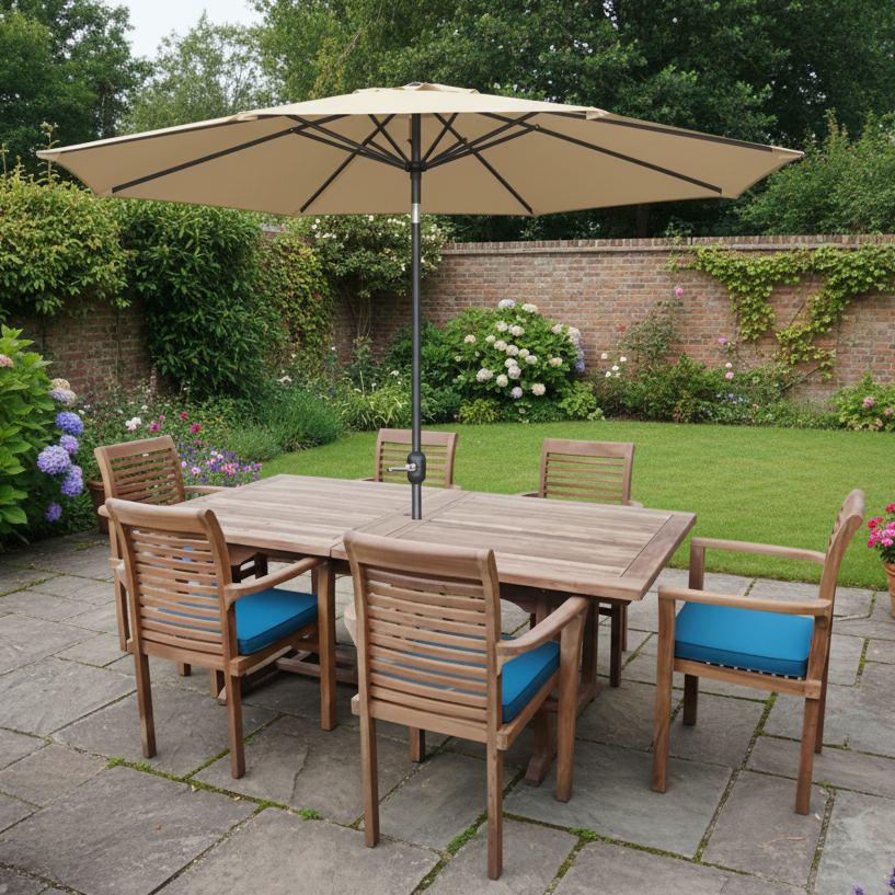 Kensington (Heavy Duty) Teak Wood Outdoor Dining Set Bundle | 6 Seater | With Free 3m Parasol & Weatherproof Cushions