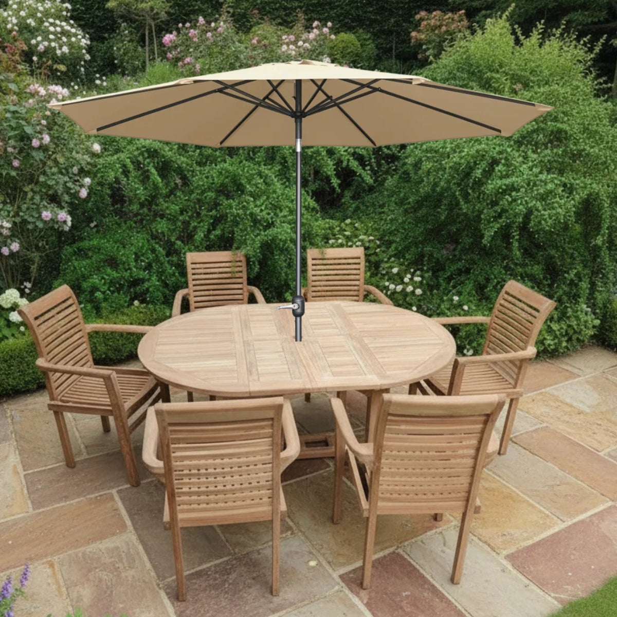 Chelsea Teak Wood Outdoor Dining Set Bundle | 6 Seater | With Free 2.7m Parasol & Weatherproof Cushions