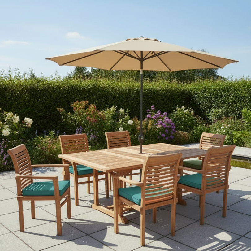 Knightsbridge Teak Wood Outdoor Dining Set Bundle | 6 Seater | With Free 2.7m Parasol & Weatherproof Cushions