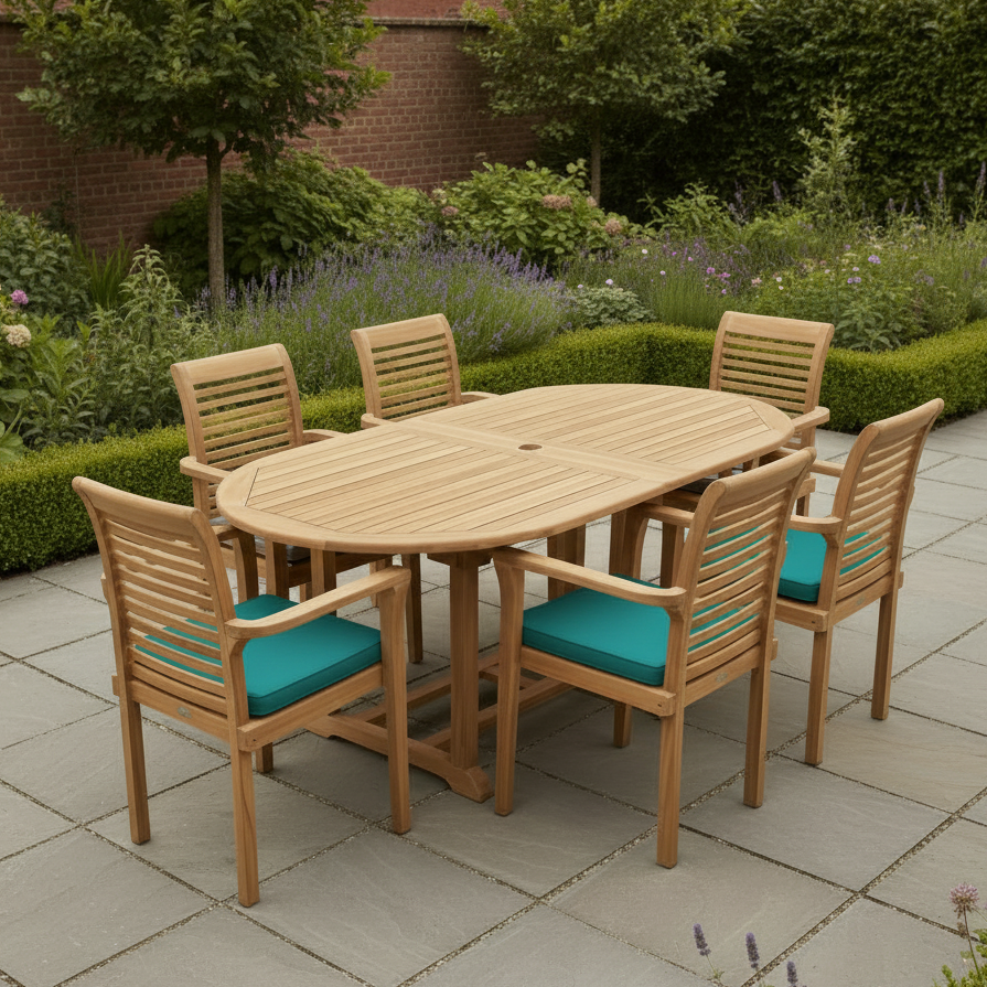 teak wood 6 seater outdoor dining set with turquoise cushions on a patio
