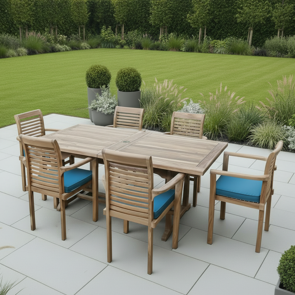 Kensington (Heavy Duty) Teak Wood Outdoor Dining Set | 6 Seater | With Weatherproof Cushions