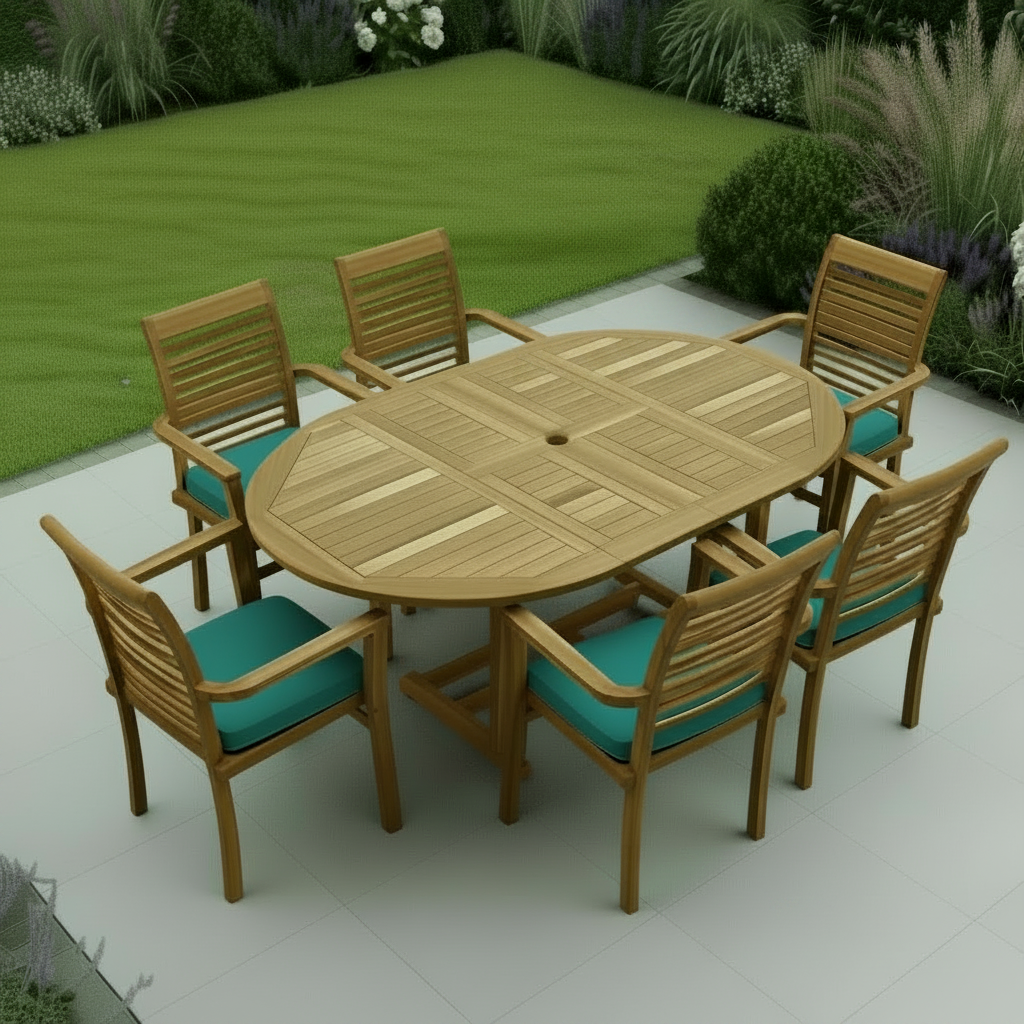 6 seater outdoor teak dining set, teal cushions