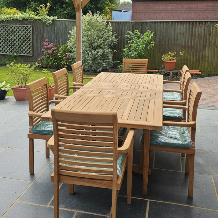 Kensington (Heavy Duty) | Teak Wood Outdoor Dining Set | 8 Seater | With Weatherproof Cushions